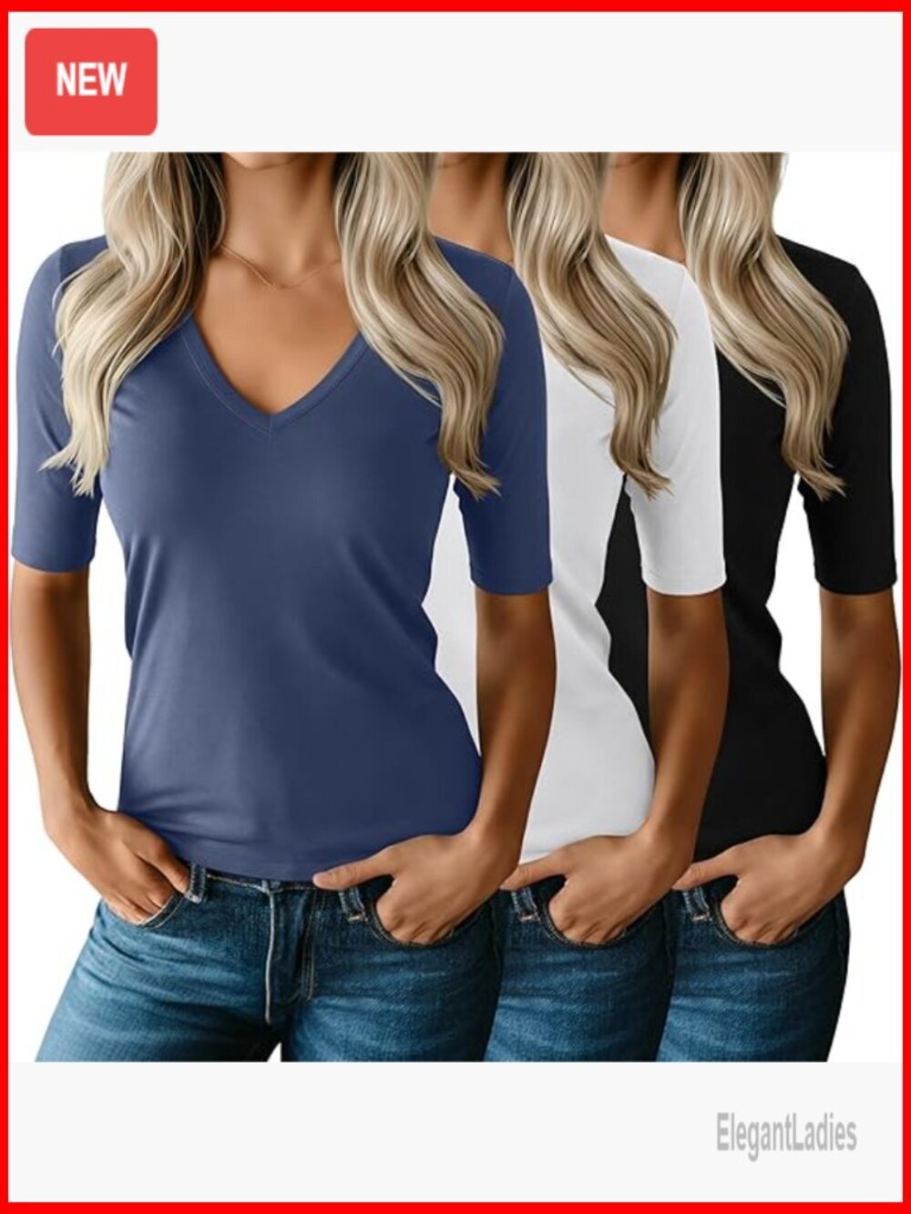 3 Pack Slim Fit V-Neck Half Sleeve Tunic Tops, Cotton Blend Casual Tees